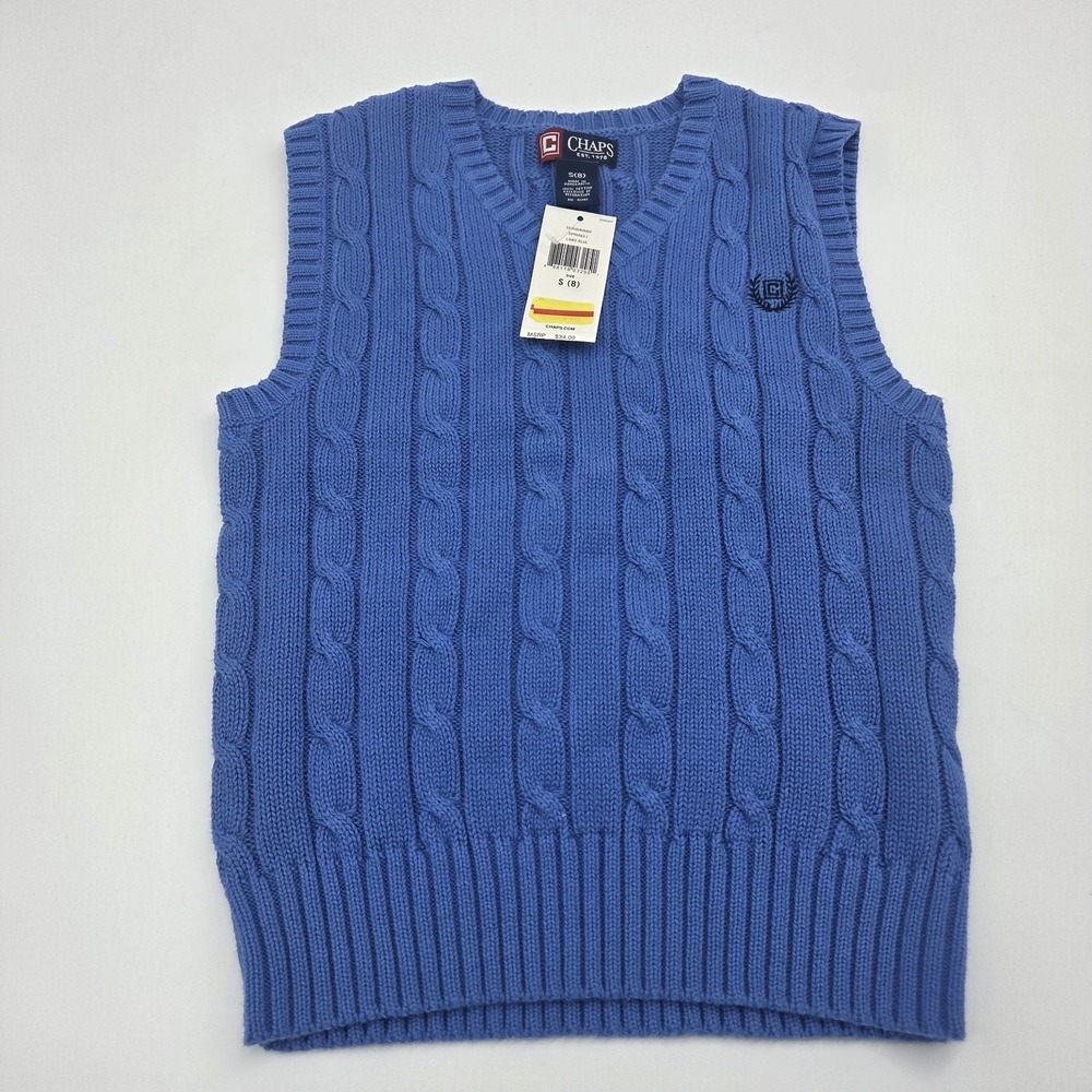 Chaps Vest Boys Small 8 Blue Sweater Pullover Knit Cotton Crest Hit Logo NWT $34
